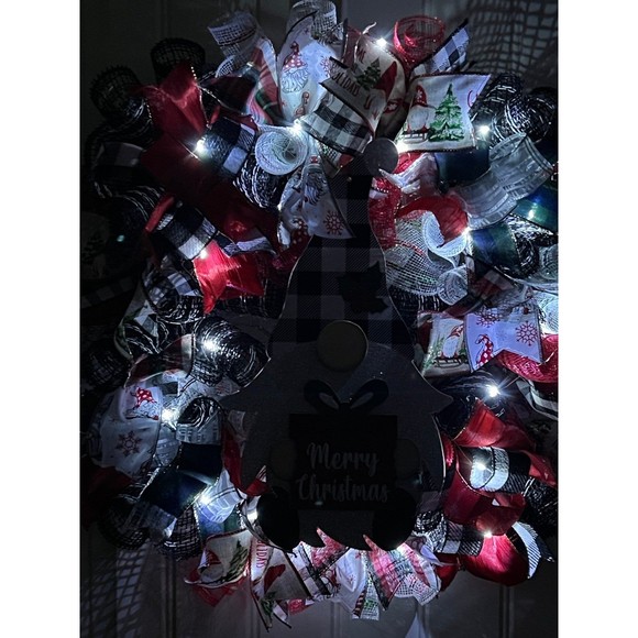 Handmade Merry Christmas Gnome Holiday Ribbon Door Wreath 22 ins W48 - Picture 10 of 11